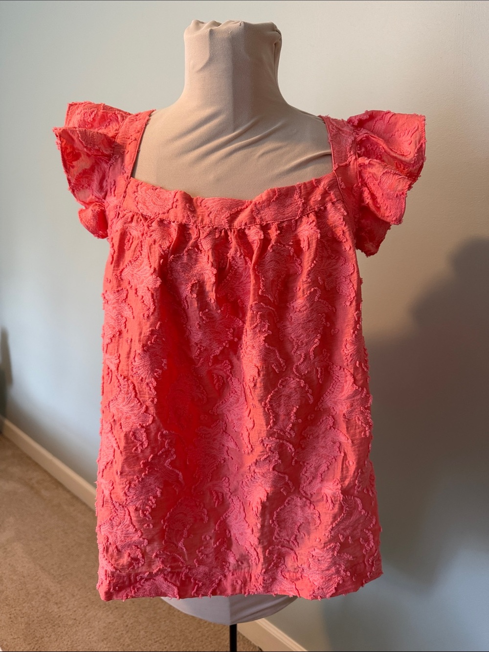 Anthropologie Coral Pink Textured Flutter-Sleeve Blouse